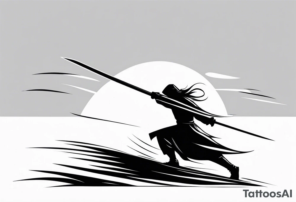 black figure with sword and blind fold ready to attack tattoo idea