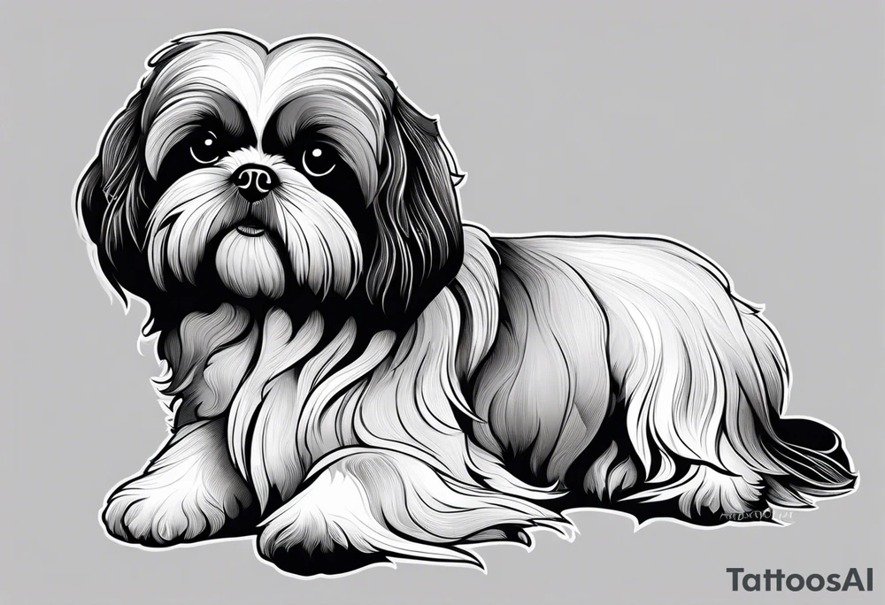 Design a small outline tattoo of a Shih Tzu with long hair flowing, capturing its adorable and regal presence. tattoo idea