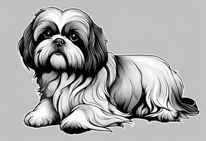 Design a small outline tattoo of a Shih Tzu with long hair flowing, capturing its adorable and regal presence. tattoo idea