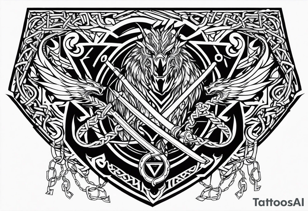 Valhalla sword shield dragon axe Valknut barbed wire chains tribal tattoo idea