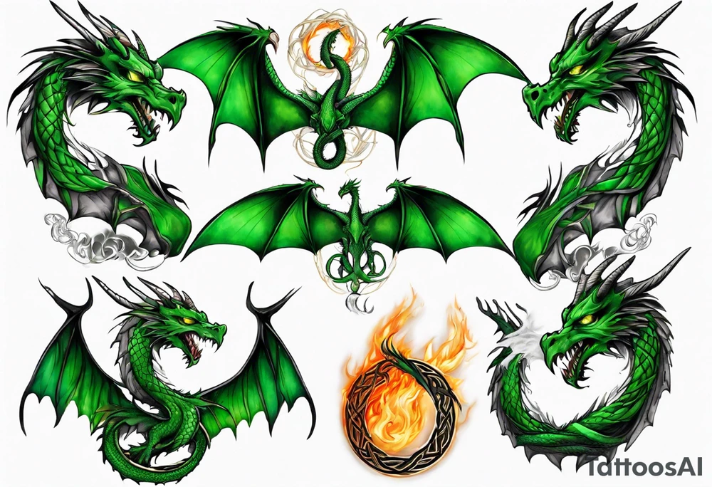 Dragon
Celtic
Green
Horns
Large wings
Fire tattoo idea