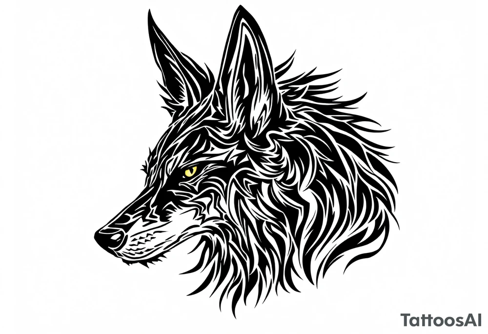 a creature that looks strongly like a combination of Anubis, and a black hound, with the tall pointy ears of a jackal, looking back, serious and daring tattoo idea