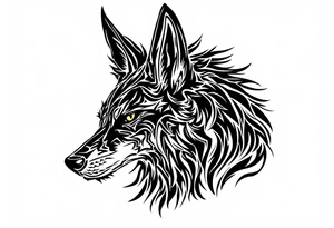 a creature that looks strongly like a combination of Anubis, and a black hound, with the tall pointy ears of a jackal, looking back, serious and daring tattoo idea