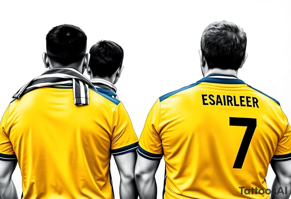 4 soccer fans from their backs, wearing yellow blue shirts. the second one from left having a kid on his shoulders, and he's rising a scarf.
the right one is older, more fat and shorter and wearing an shirt with the number 7 on it and has on his shoulders line like adidas tattoo idea