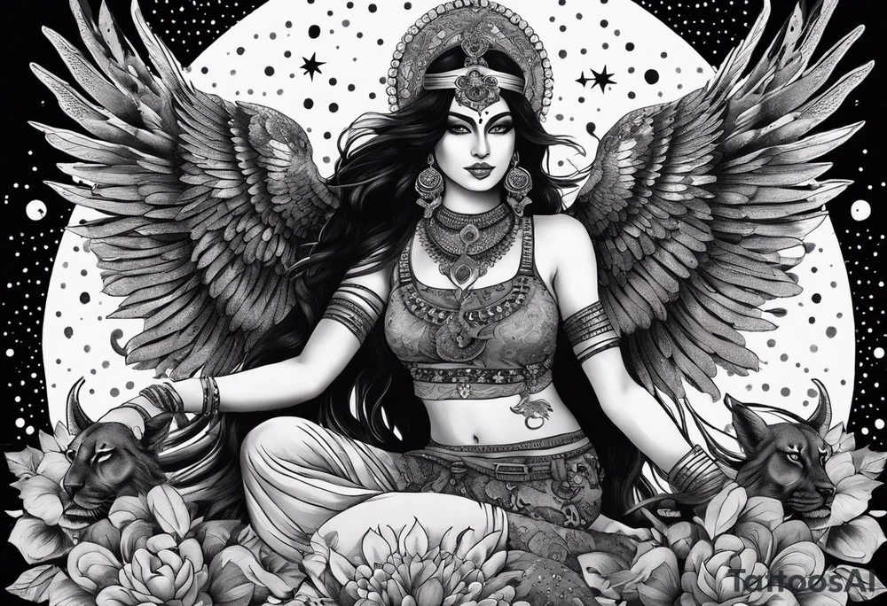 black kali, goddess pirate, alien, angel, pachamama, valkrye, warrior, flying, skull, lotus azul, wing, eagle, zenza resonance, stars, 5D, anahata chakra, death, durga, riding on a tiger, flying lady, kundalini, chest tatoo, samuri, rebel tattoo idea