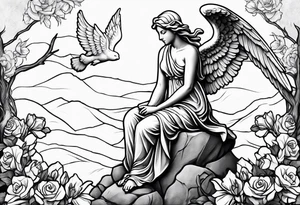 Simple Angel statue stood on a rock with daffodils and roses wrapped around its legs tattoo idea