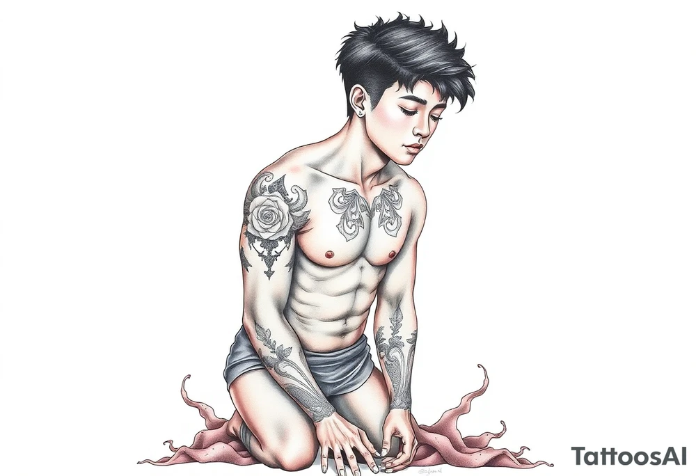 Handsome Asian young guy is standing on his knees and looking down tattoo idea