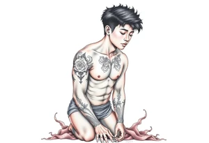 Handsome Asian young guy is standing on his knees and looking down tattoo idea