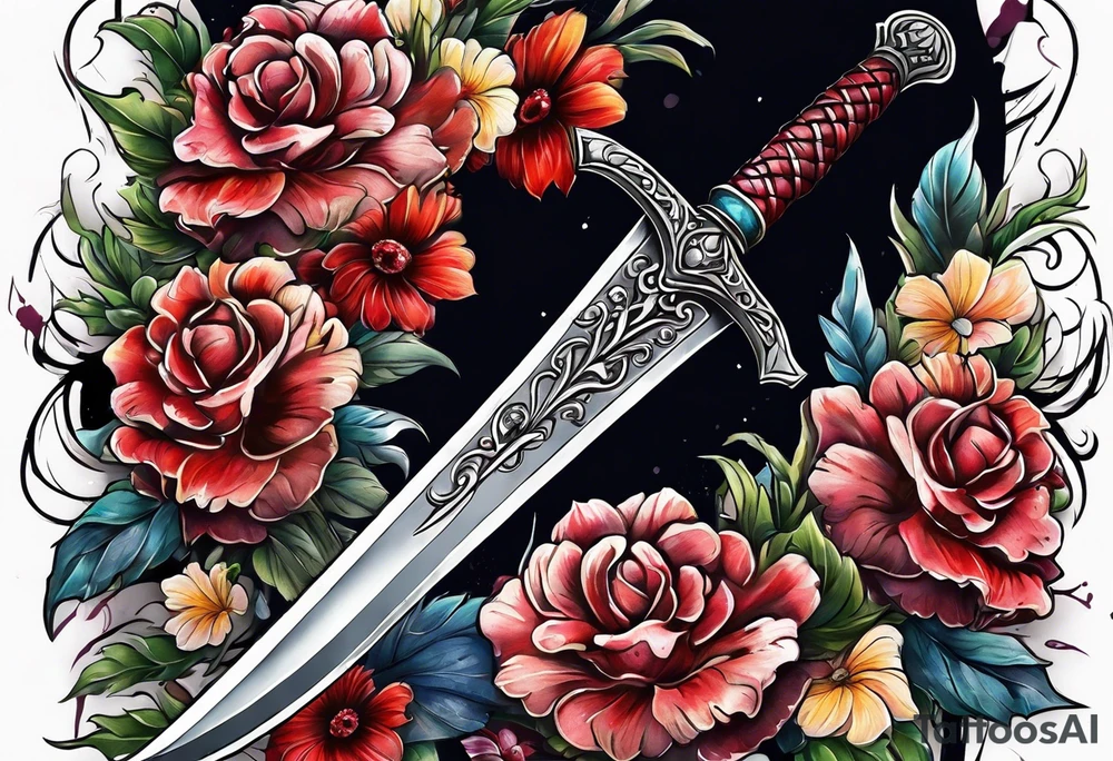 bloody sword with flowers tattoo idea
