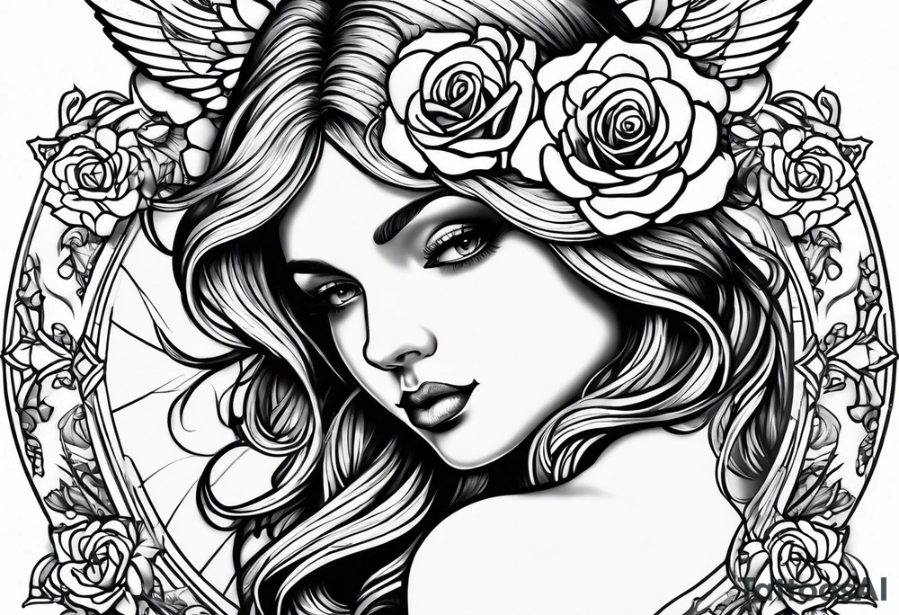 Angel, roses, name MARTINA tattoo idea