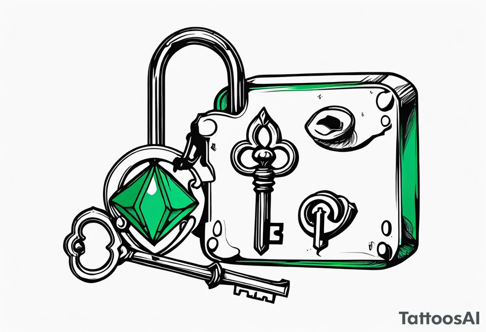 Lock and key with emerald stone tattoo idea