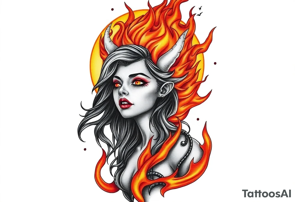 Evil young woman in the flame tattoo idea