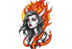 Evil young woman in the flame tattoo idea