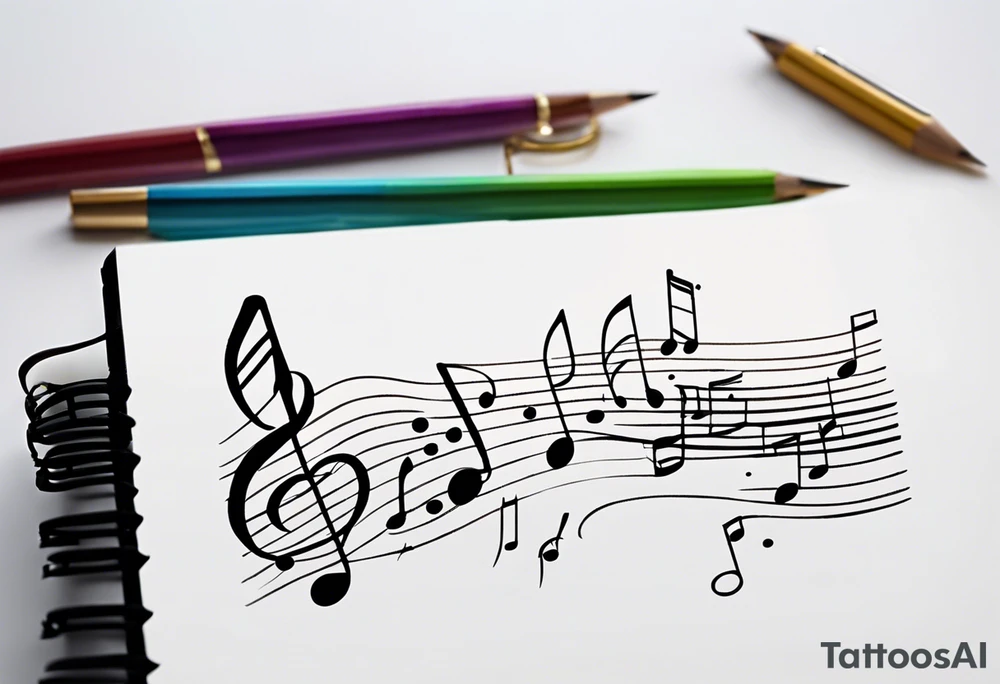 Music notes coming out of spiral note book tattoo idea