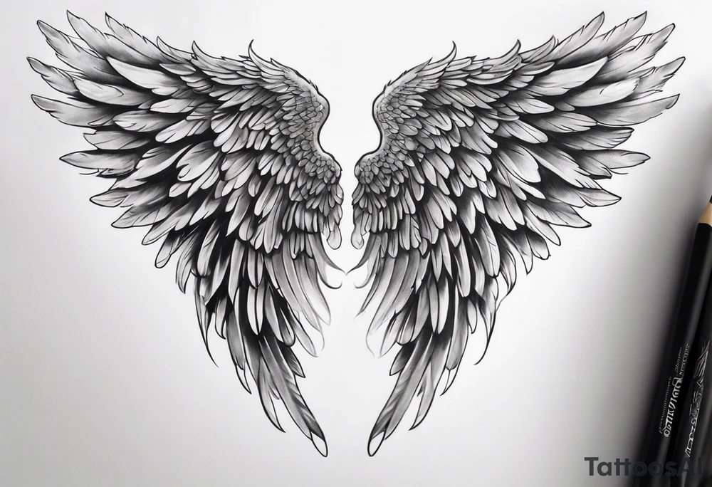 Realistic angel wings extending from the shoulders, covering the upper arms and upper back. The feathers are intricately detailed, with soft shading in black and gray to create depth and texture. The wings gently converge in the middle of the back, forming a harmonious and cohesive design. tattoo idea