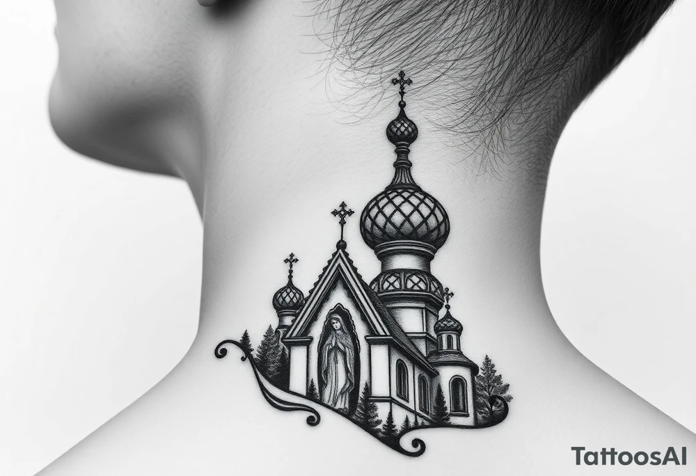 Flowing Scene

A onion domes orthodox church
Virgin Mary in prayer pose wrapping around the lower neck curve
A small double headed russian coat of arms eagle or just the star tucked above the dome near the hairline tattoo idea