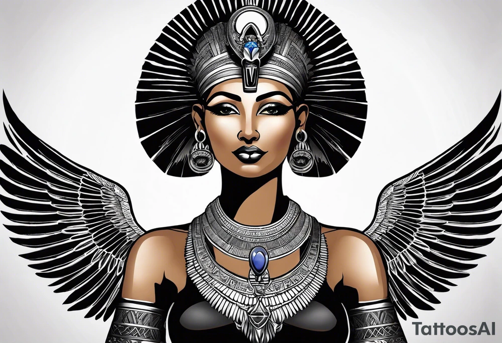 black and white Egyptian goddess Isis, who is often depicted as a woman with outstretched wings, holding an ankh (a symbol of life) in one hand and a lotus flower in the other. Her headdress often includes a throne or a solar disk. The tattoo design can vary in style and size, but it typically aims to capture the essence of this revered Egyptian deity, emphasizing her beauty, power, and maternal qualities. The choice of colors and additional elements can also be customized to create a unique and visually striking representation of the goddess Isis tattoo idea