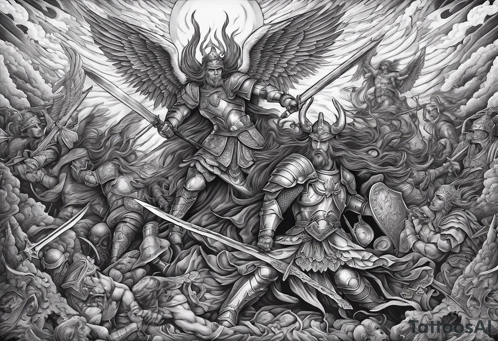 Angels fighting demons on a battlefield that is half hell half heaven.

Powerful demon commander faces a powerful angel commander in the centre of the battle both wearing full armour and using oversized godly weapons.

Angels fighting demons everywhere , limbs , blood, death, war. tattoo idea