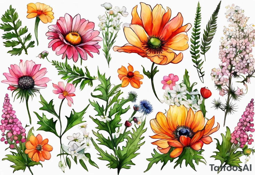 simple wildflowers cascading with thistles, ferns, white anemones, sun flowers, red flowers, pink flowers, green flowers, buttercups, orange flowers, babys breath and daisies all in watercolor tattoo idea