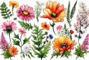 simple wildflowers cascading with thistles, ferns, white anemones, sun flowers, red flowers, pink flowers, green flowers, buttercups, orange flowers, babys breath and daisies all in watercolor tattoo idea