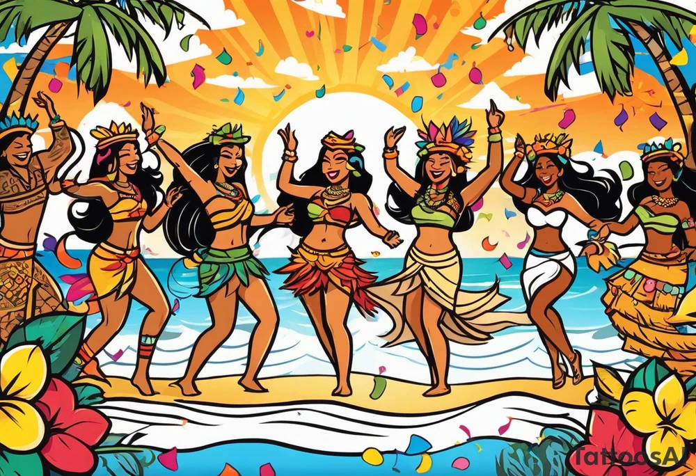 dancing tiki gods and hula girls on the left and right side of a beach party scene with confetti and music notes with a setting sun in the center of the image tattoo idea