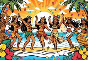 dancing tiki gods and hula girls on the left and right side of a beach party scene with confetti and music notes with a setting sun in the center of the image tattoo idea