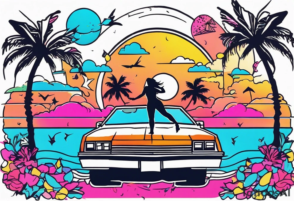 1980's miami vice style beach dance 
party, include confetti, music notes, boom box, bikinis sunset in the center tattoo idea