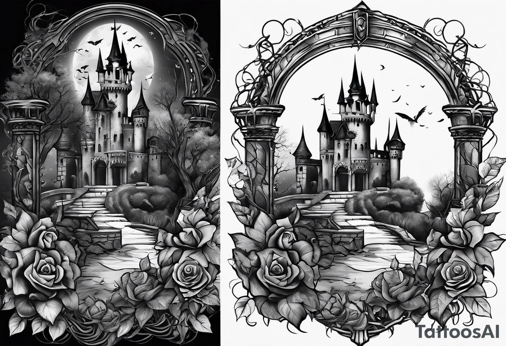 tattoo fool sleeve, dark gothic castle, tree roots break out of the chains, broken mask, roses tattoo idea