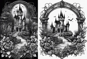 tattoo fool sleeve, dark gothic castle, tree roots break out of the chains, broken mask, roses tattoo idea