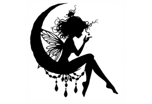 Silhouette of a Fairy sitting on moon with dangles. tattoo idea