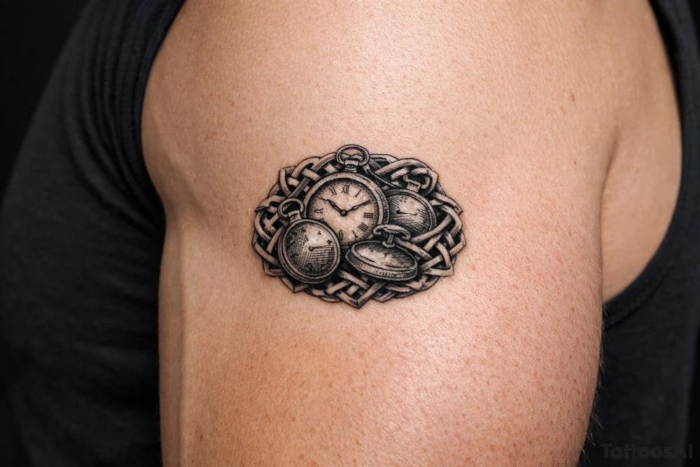 large size Cluster of vintage pocket watches, some open, some closed, woven with Celtic braids. tattoo idea