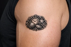 large size Cluster of vintage pocket watches, some open, some closed, woven with Celtic braids. tattoo idea