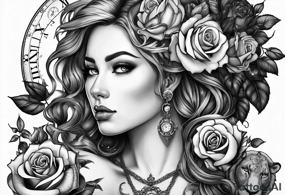 Women holding a mechanical heart roses, time watch, lion, strength tattoo idea