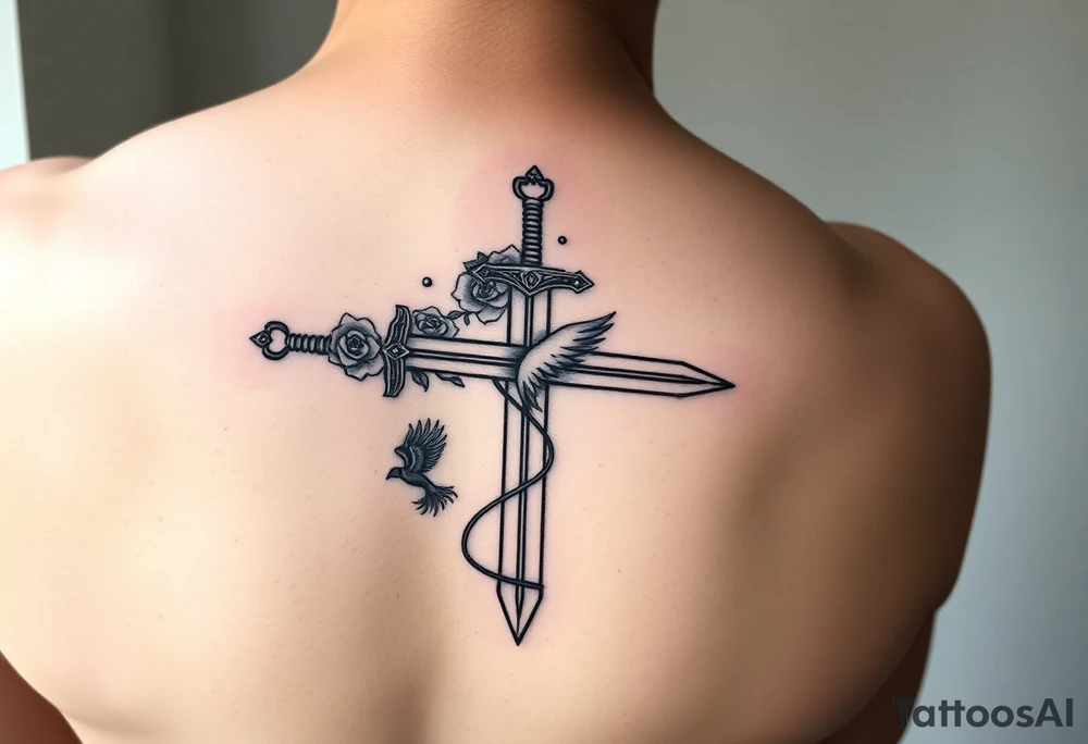Cross sword on arm darkened in with roses pearls on the sword and a small phoenix rising from the ashes feminine tattoo idea