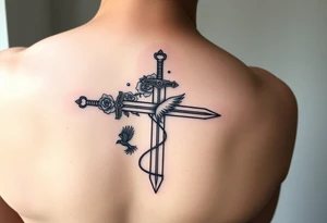 Cross sword on arm darkened in with roses pearls on the sword and a small phoenix rising from the ashes feminine tattoo idea