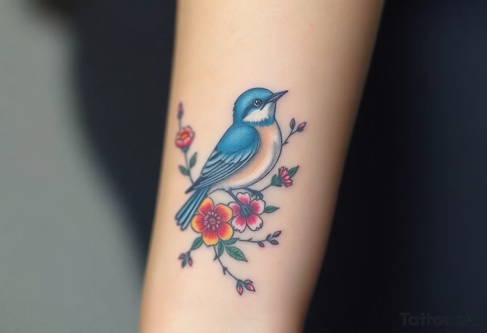 Puffy bluebird surrounded by wild flowers tattoo idea