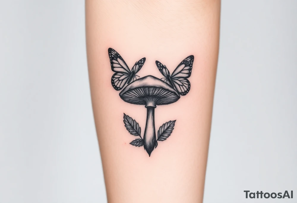 mushroom with 2 butterflies above it on your lower inner arm tattoo idea