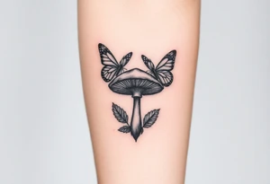 mushroom with 2 butterflies above it on your lower inner arm tattoo idea