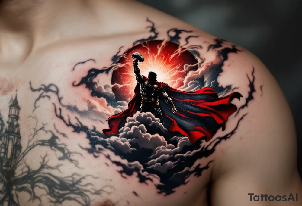 A stormy sky with Thor’s silhouette emerging from the clouds, holding Mjölnir high, his red cape flowing, in dramatic black, grey, and deep red tones. tattoo idea