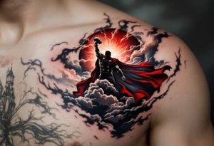 A stormy sky with Thor’s silhouette emerging from the clouds, holding Mjölnir high, his red cape flowing, in dramatic black, grey, and deep red tones. tattoo idea