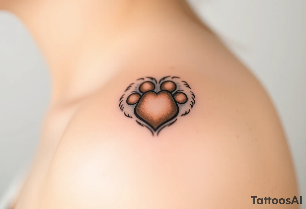 A detailed cat paw with soft fur textures, shaped into a heart, using natural tones of cream, gray, and light brown for a delicate and cozy feel tattoo idea