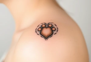 A detailed cat paw with soft fur textures, shaped into a heart, using natural tones of cream, gray, and light brown for a delicate and cozy feel tattoo idea