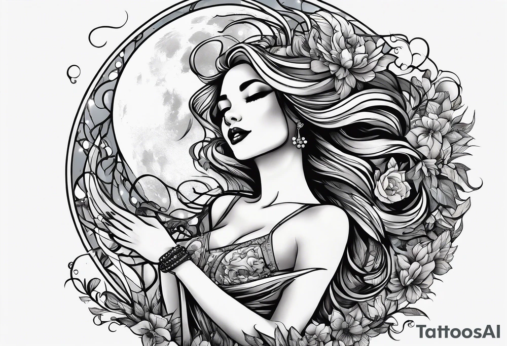 Woman dancing under the moon tattoo idea