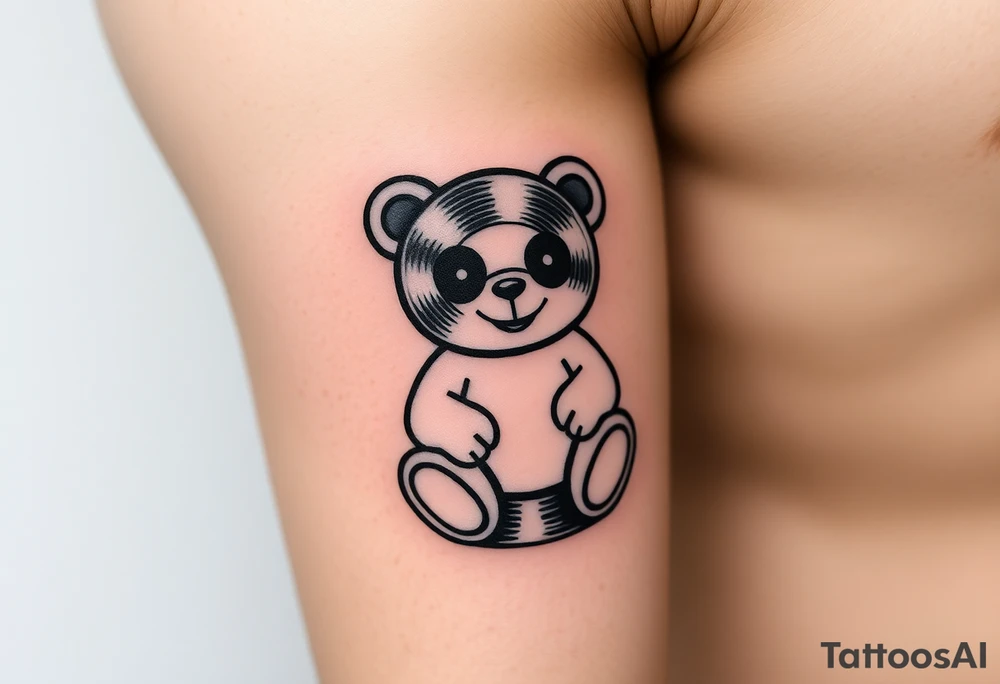minimalist teddy bear with vinyl records as eyes smiling and sitting on a record tattoo idea