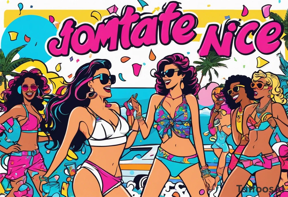 1980's miami vice style beach dance 
party, include confetti, music notes, boom box, bikinis tattoo idea