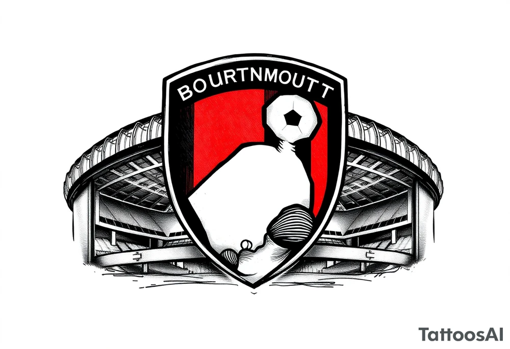 An afc Bournemouth badge fading into the top of the vitality stadium with writing of afc Bournemouth’s journey to the premier league and Steve fletcher celebrating tattoo idea