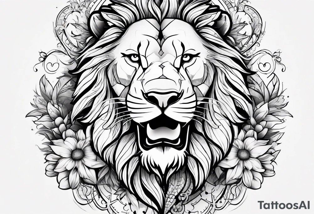 Sleeve tattoo lions head, compass, topete, daisy flower tattoo idea
