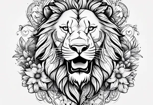 Sleeve tattoo lions head, compass, topete, daisy flower tattoo idea