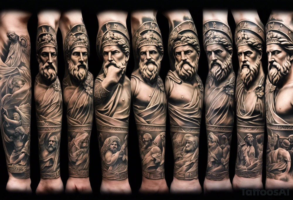 a tattoo full sleeve of stoic heroes in statue form including plato, socrates, alexander the great, julius ceasar, aristotle, pythagorus and william marshal. small amounts of Green english vine plant running through the whole tattoo. all fit on one arm. tattoo idea