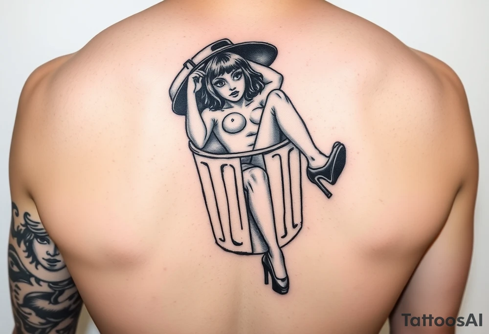 Prostitute hanging out of a trash can 
 dead with high heels and xs where her eyes are tattoo idea
